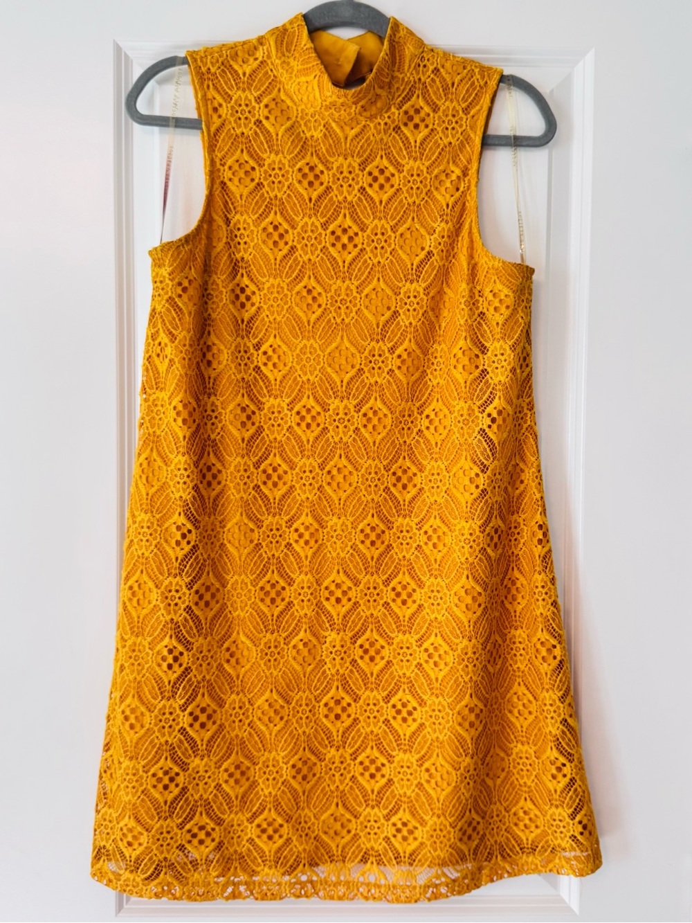 Mustard Lace Sleeveless Midi Dress with Mock Neck - Size L